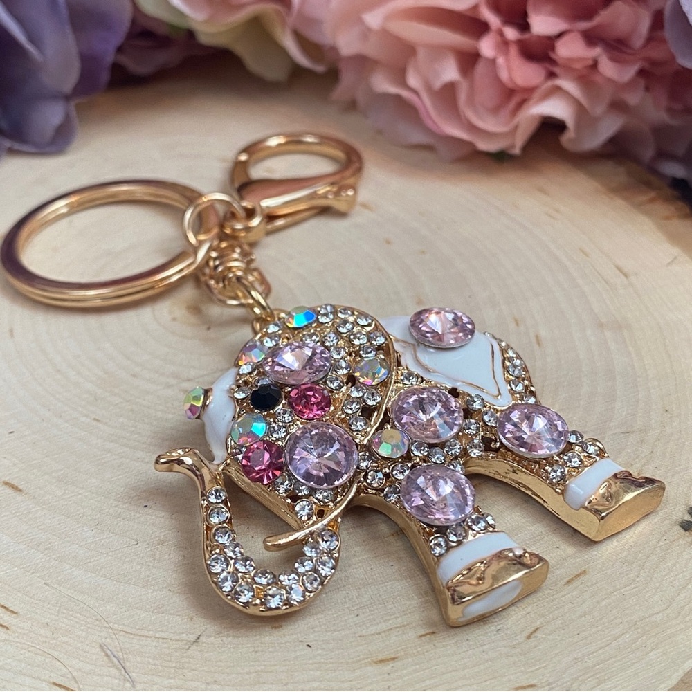 Gorgeous Ornate Pink Crystal Elephant Keychain Charm - Picture 10 of 15